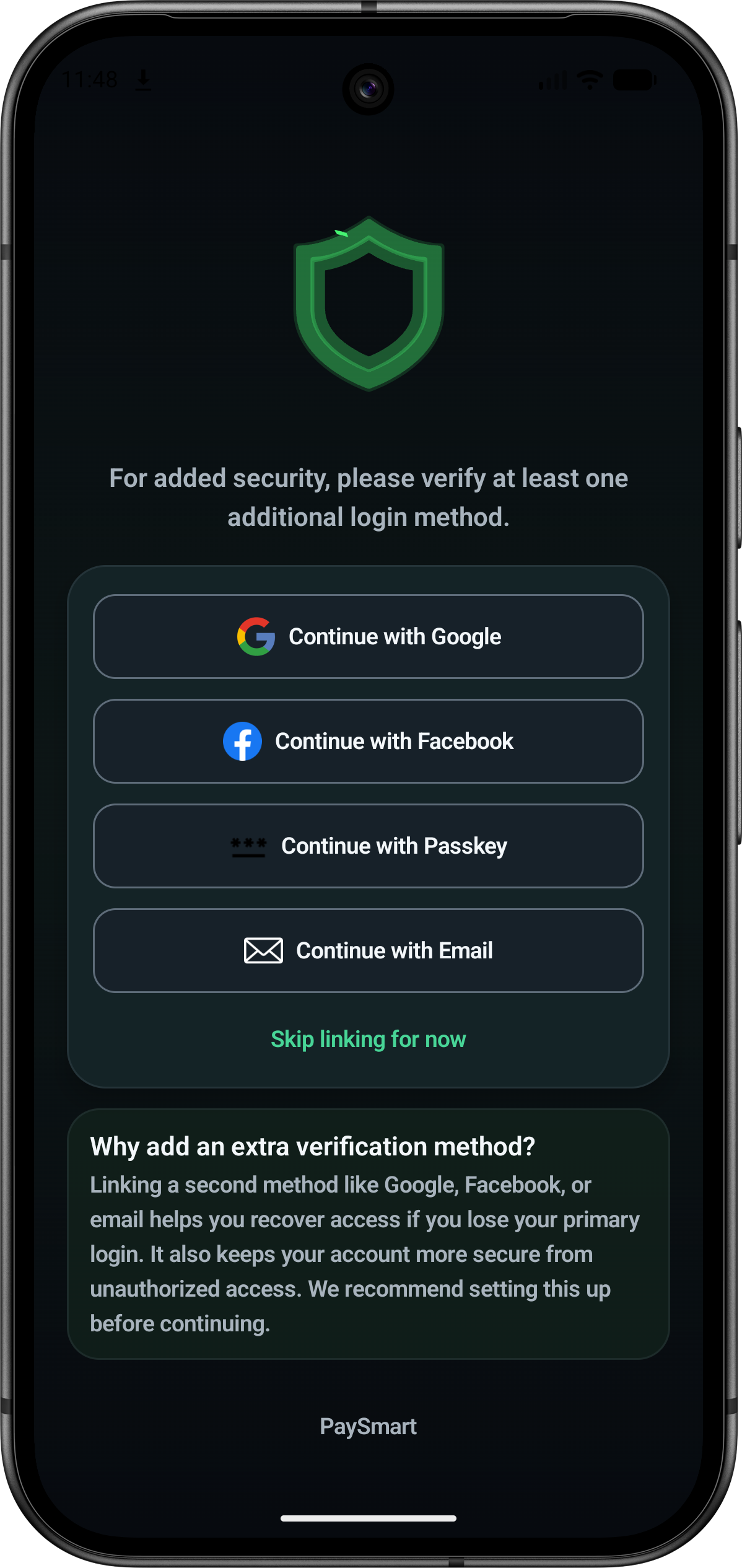 PaySmart account protection screen offering Google, Facebook, passkey, and email linking options.