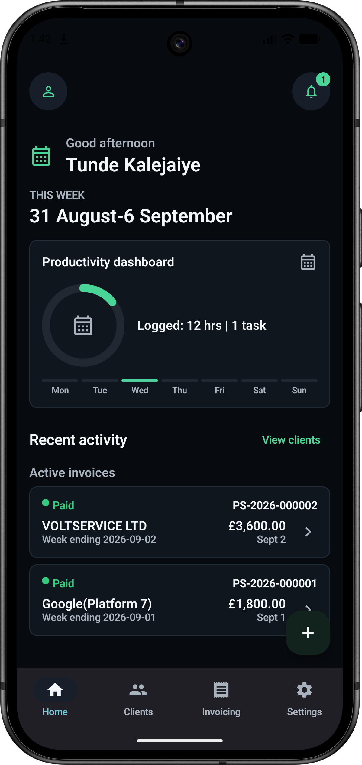 PaySmart productivity dashboard showing logged hours, weekly activity, clients, and active invoices.