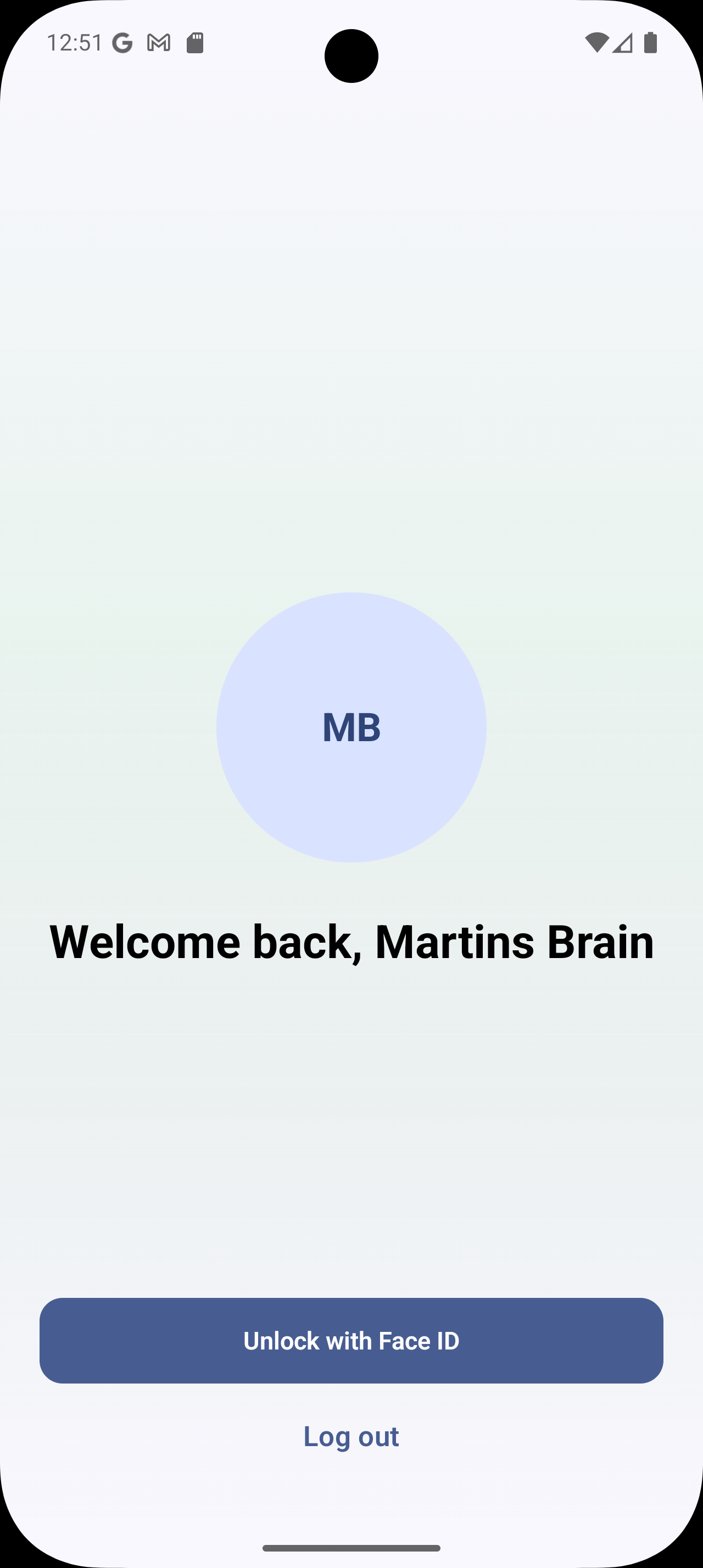 PaySmart unlock screen welcoming the user back and offering Face ID unlock.