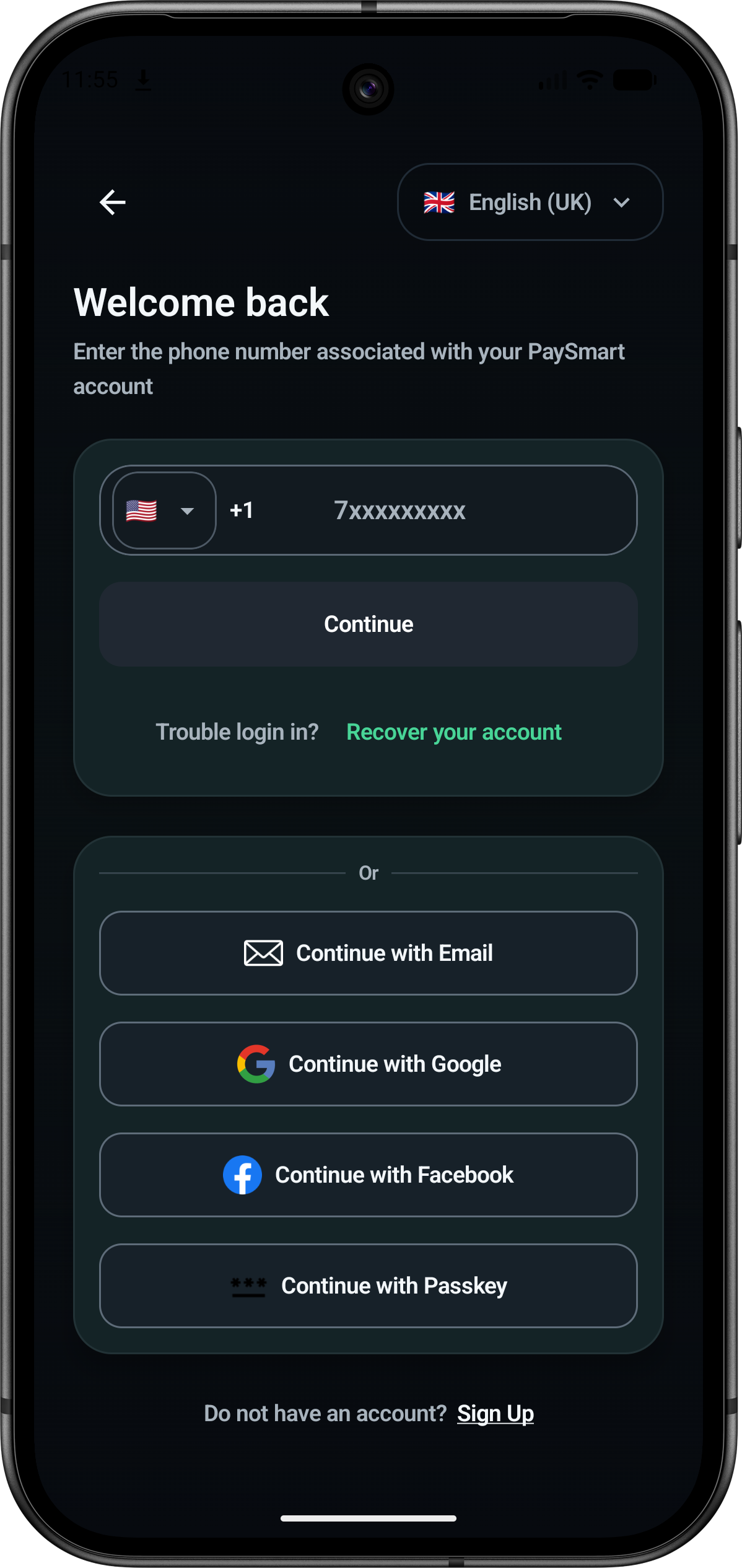 PaySmart sign-in screen with phone, email, Google, Facebook, passkey, and account recovery options.